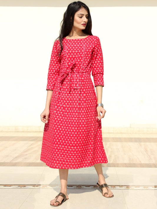 Naaz - Red White Double Ikat Cotton Midi Dress - D247F1948