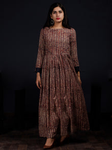 Beige Indigo Maroon Black Hand Block Printed Long Cotton Dress With Back Sytle  - D188F1148