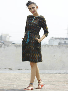 Brown Multi Color Handloom Ikat Dress With Tassels & Side Pockets-  D113F725