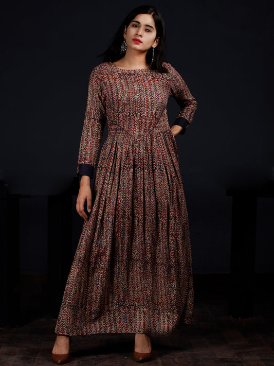 Beige Indigo Maroon Black Hand Block Printed Long Cotton Dress With Back Sytle  - D188F1148