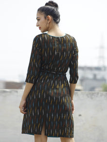 Brown Multi Color Handloom Ikat Dress With Tassels & Side Pockets-  D113F725