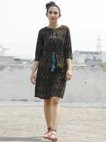 Brown Multi Color Handloom Ikat Dress With Tassels & Side Pockets-  D113F725