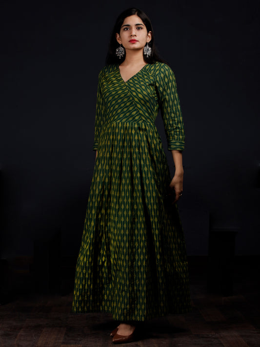 Green Yellow Handloom Mercerised Ikat Cotton Long Dress - D317F1568