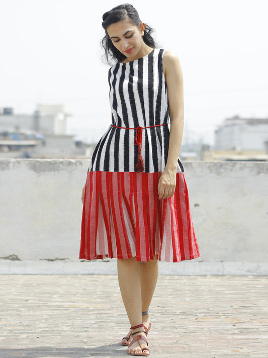 Black Red White Handloom Double Ikat Dress With Tassels & Side Pockets-  D112F763