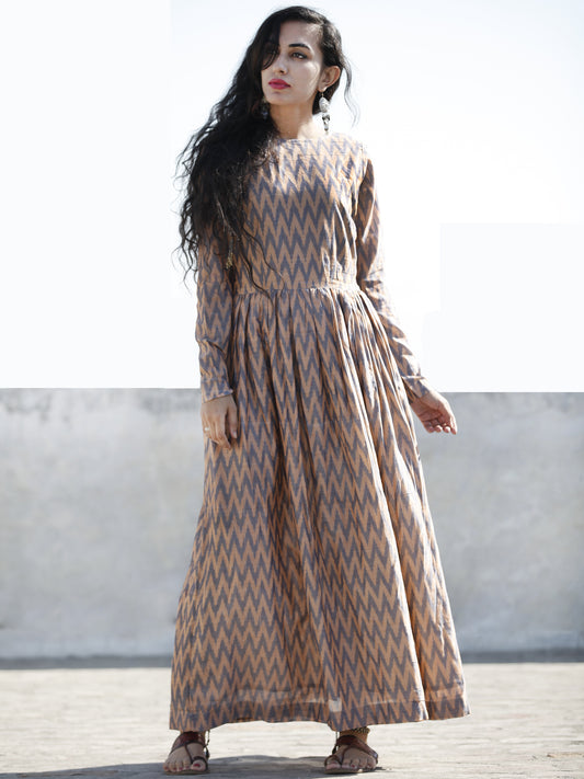 Peach Grey Handwoven Long Mercized Ikat Dress With Gathers (Lining Attached)-  D168F832