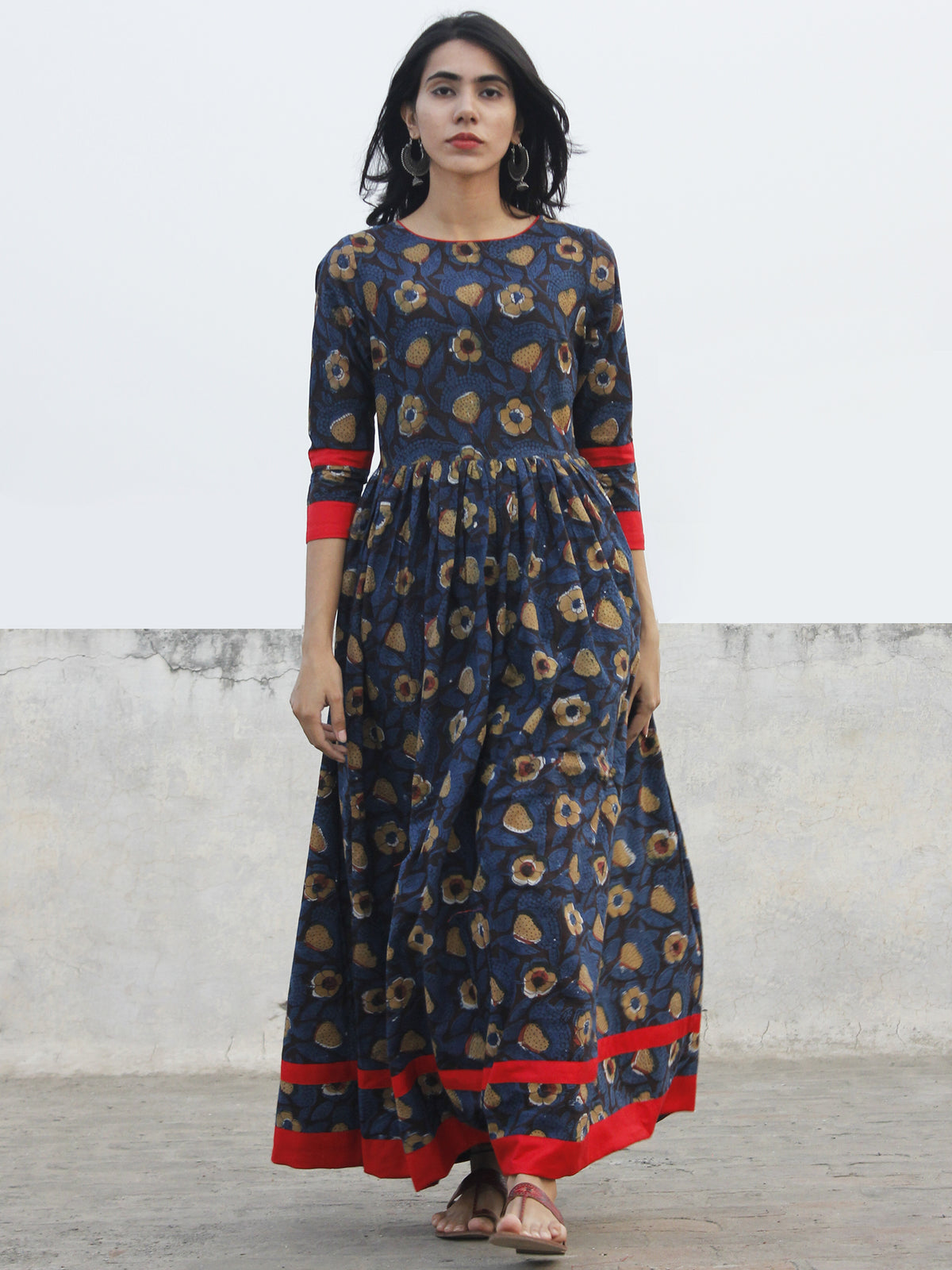 Indigo Black Brown Ivory Long Hand Block Cotton Dress With Back Details  - D136F981