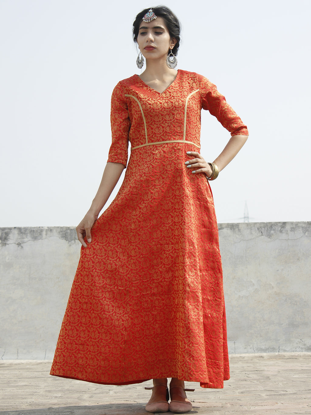 Red Golden Long Princess Line Brocade Dress - D122F001 – InduBindu