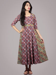 Brick Red Lemon Green Black Ivory Hand Block Ajrakh Printed Cotton Dress With Box Pleats - D5667701