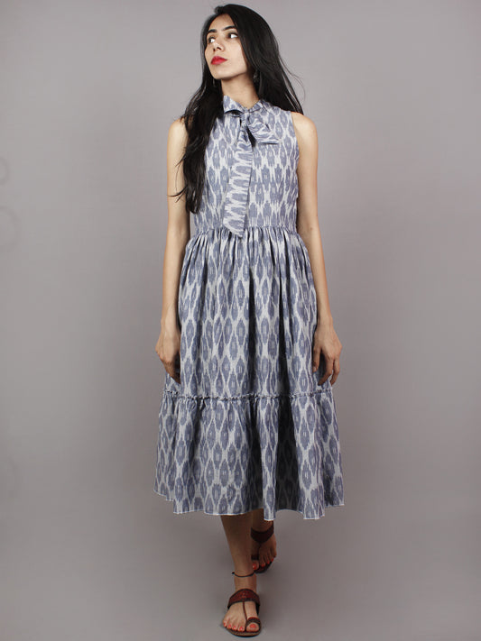 Heather Grey Midi Sleeveless Handwoven Ikat Tier Dress With Pussy Cat Bow Neck - D5067001