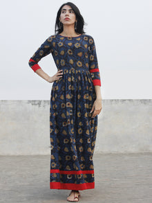 Indigo Black Brown Ivory Long Hand Block Cotton Dress With Back Details  - D136F981