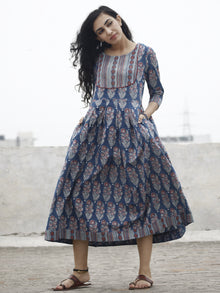 Indigo Maroon Ivory Black Pleated Ajrakh Printed Cotton Midi Dress with Side Pockets   - D71F845