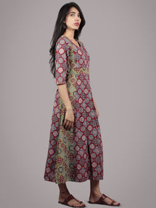 Brick Red Lemon Green Black Ivory Hand Block Ajrakh Printed Cotton Dress With Box Pleats - D5667701