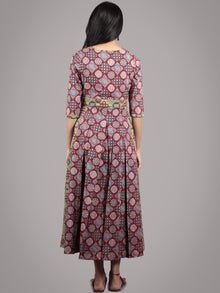 Brick Red Lemon Green Black Ivory Hand Block Ajrakh Printed Cotton Dress With Box Pleats - D5667701