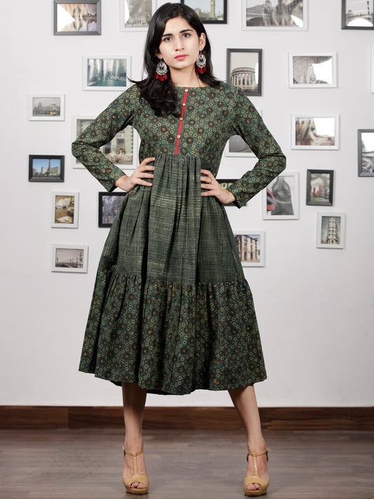 Hunter Green Mustard Black Hand Printed Ajrakh Cotton Tier Dress - D303F1515