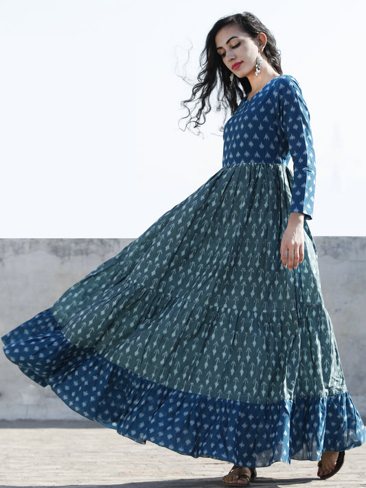 Teal Blue Pastel Teal Green Hand Woven Mercerized Cotton Ikat Tier Dress - D172F1265