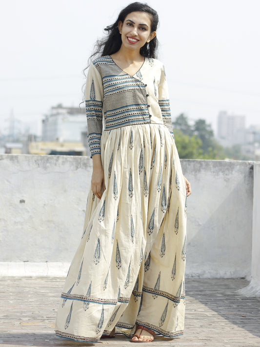 Naaz Aaira - Beige Teal Blue Black Hand Block Printed Long Cotton Angrakha Dress with Gathers & Lining- DS11F003