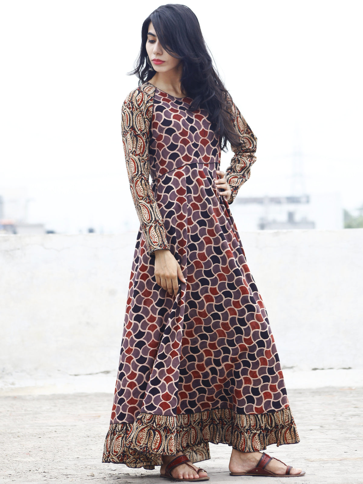 Kashish Maroon Black Beige Ajrakh Block Printed Long Cotton Dress With Gathers  -  D06F849