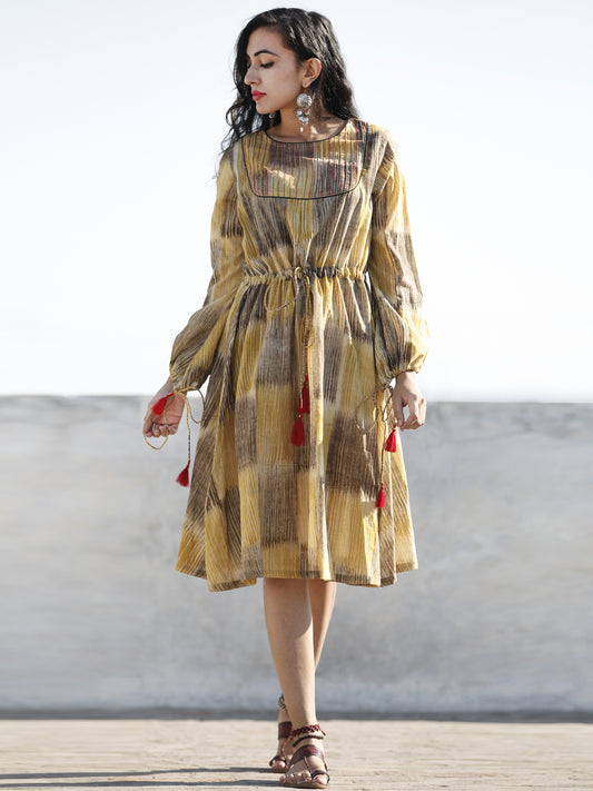 Mustard Yellow Brown Hand Brush Painted Cotton  Dress With Tassels and PinTuck Details- D198F1088