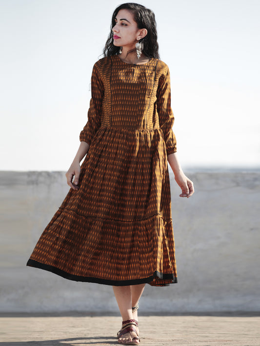 Brown Golden Yellow Hand Woven Mercerised Ikat Tier Dress - D199F1020