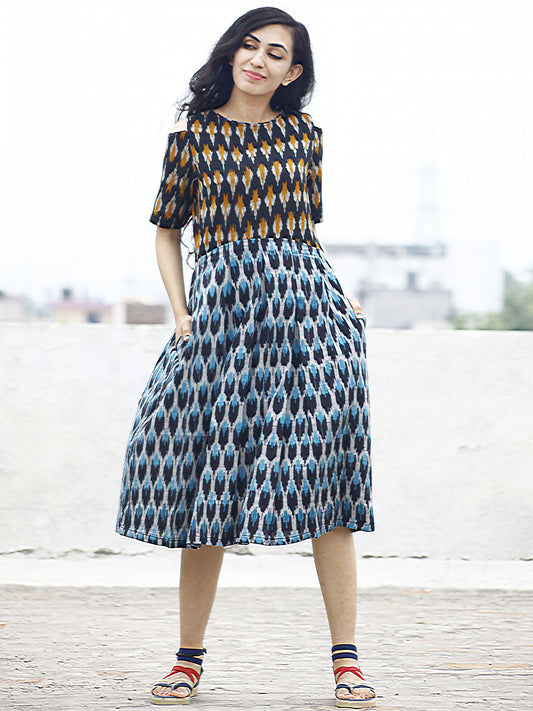 Blue Black Ivory Orange Handwoven Ikat Pleated Cold Shoulders Dress With Side Pockets & Back Zip - D81F804