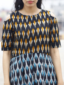 Blue Black Ivory Orange Handwoven Ikat Pleated Cold Shoulders Dress With Side Pockets & Back Zip - D81F804