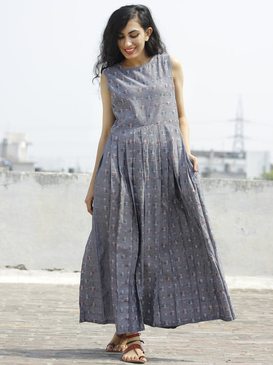 Grey Maroon Ivory  Long Sleeveless Handwoven Double Ikat Dress With Knife Pleats & Side Pockets - D32F662