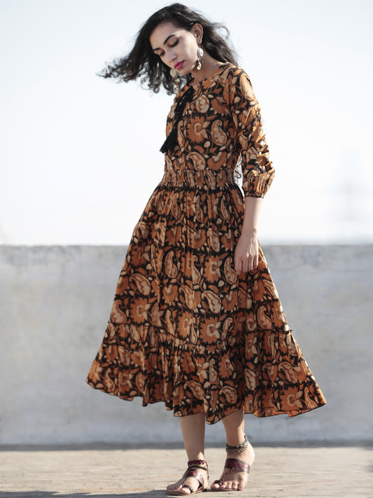 Mustard Beige Black Hand Block Printed Cotton Dress With Elasticated Waist - D200F1001