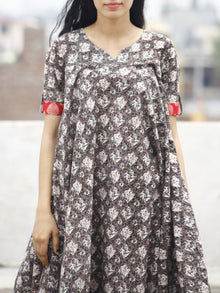 Grey Black Ivory Pink Hand Blocked Printed Cotton Flared Dress -  D84F770