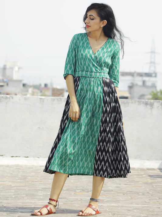 Green Black Ivory Handwoven Ikat Dress With Knife Pleats - D114F927