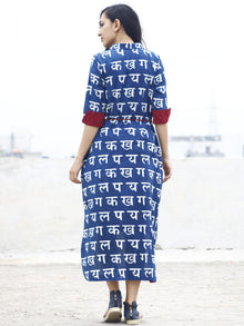 Indigo White Maroon Hand Block Printed Cotton Shirt Dress With Tie-Up Waist And Side Pockets -  D86F542