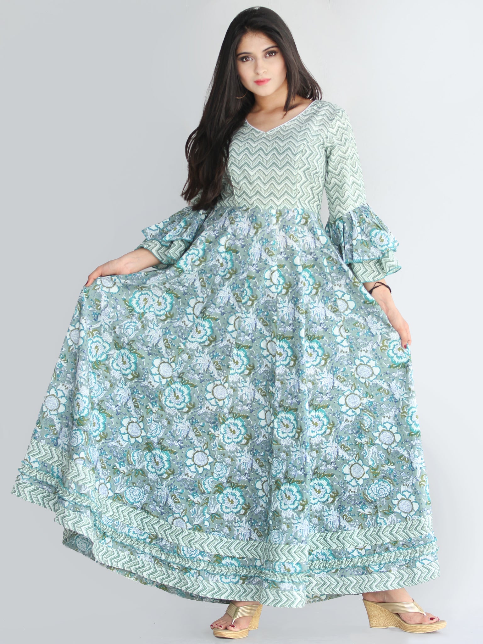 Raima - Hand Block Printed Panel Long Dress - D420F2246 – InduBindu