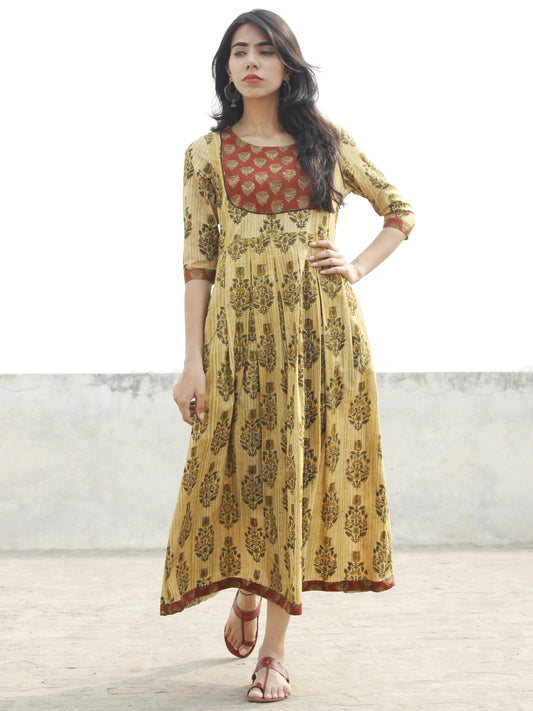 Olive Green Rust Mustard Black Pleated Hand Block Printed Cotton Midi Dress with Side Pockets   - D71F1079