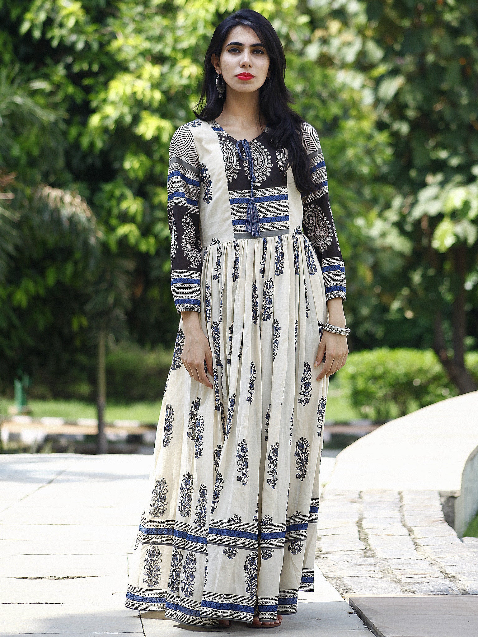 Naaz Ivory Indigo Black Hand Block Printed Long Cotton Dress with Gath ...