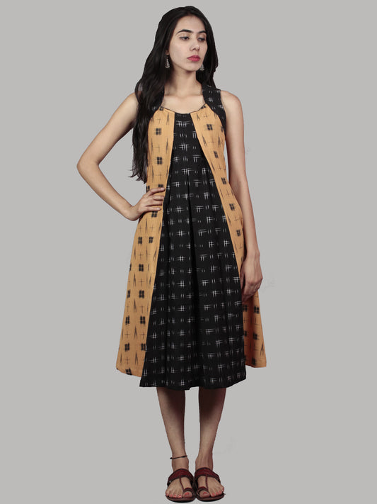 Black Mustard Grey Handwoven Double Ikat Dress With Front Pleats  - D5266601