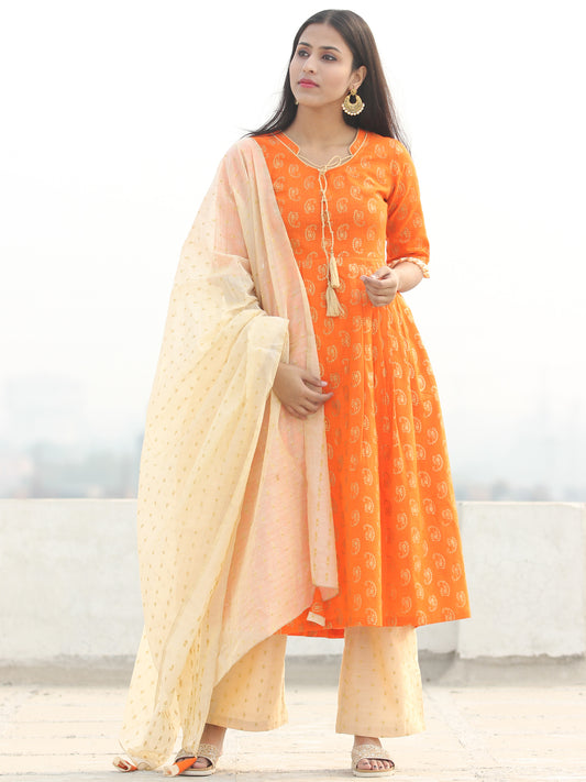 Shaz - Orange Gold Printed Kurta Chanderi Palazzo Set With Dupatta - SS02FZZZ