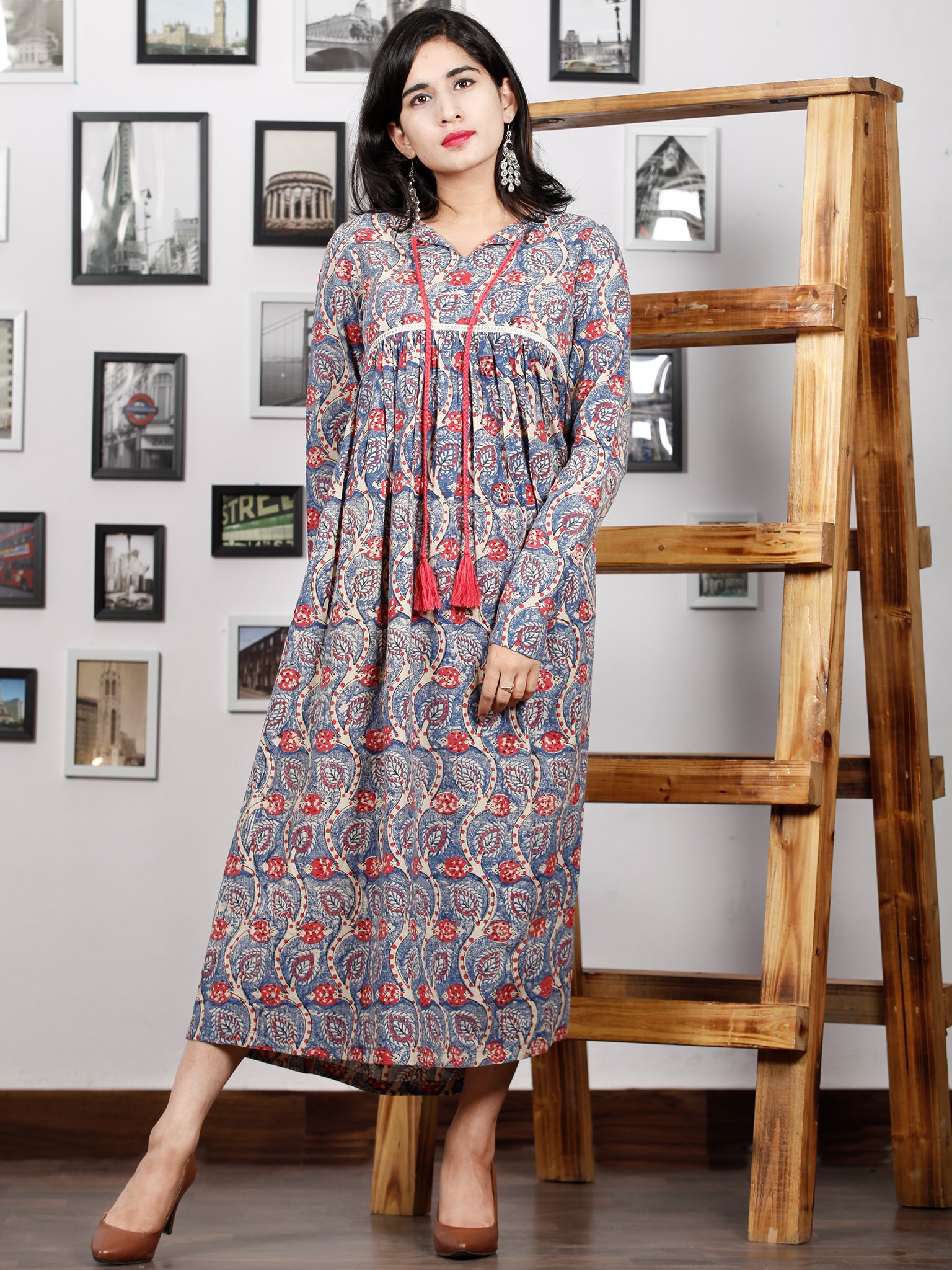 Indigo Beige Coral Hand Block Printed Cotton Dress With Full Sleeves ...