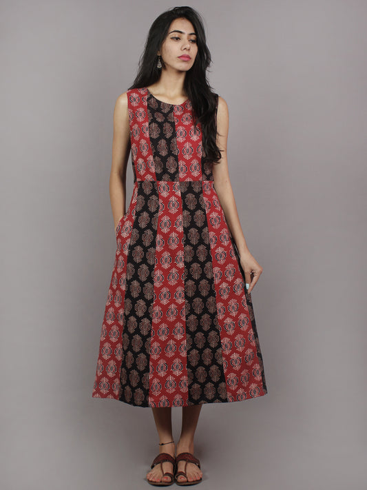 Red Black Maroon Beige Ajrakh Printed Cotton Sleeveless Dress With Side Pockets - D4562701