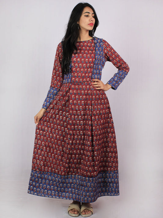 Maroon Blue Ivory Brown Hand Block Printed Kantha Stitched Long Cotton Dress With Box Pleats & Side Pockets - D2556104