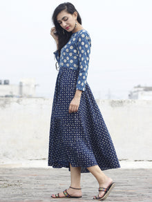 Indigo Ivory Black Hand Block Printed Cotton Dress - D88F558