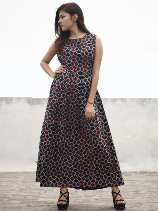 Indigo Maroon Black Long Ajrakh Hand Block Printed Cotton Dress With Knife Pleats & Side Pockets - D32F636