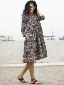 Ivory Grey Rust Beige Black Hand Block Printed Cotton Dress With Gathers And Side Pockets  - D73F599