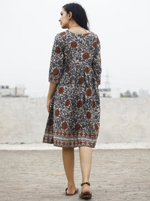 Ivory Grey Rust Beige Black Hand Block Printed Cotton Dress With Gathers And Side Pockets  - D73F599