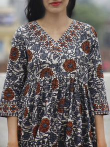 Ivory Grey Rust Beige Black Hand Block Printed Cotton Dress With Gathers And Side Pockets  - D73F599