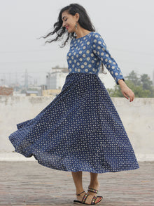 Indigo Ivory Black Hand Block Printed Cotton Dress - D88F558