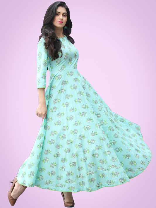 Nusrat - Green Grey Block Printed Urave Cut Long Dress With Tie Up Deep Back - D404F2153