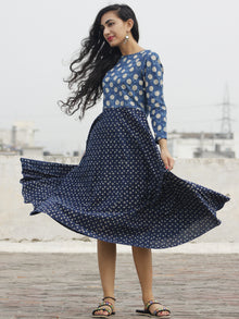 Indigo Ivory Black Hand Block Printed Cotton Dress - D88F558