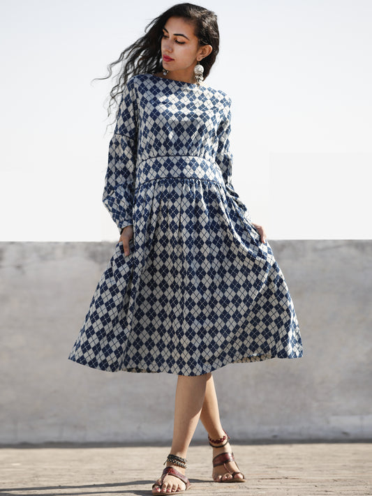 Indigo White Hand Block Printed Cotton Midi Dress With Peasant Sleeves  - D203F023