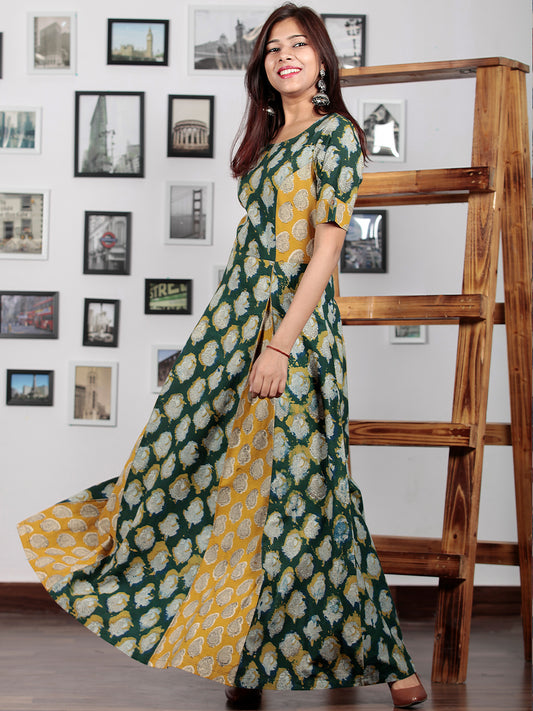 Hunter Green Yellow Ivory Hand Block Printed Cotton Long Dress With Inverted Pleates - D228F1142