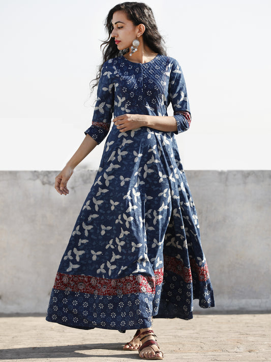 Indigo White Red Hand Block Printed Cotton Dress With Pin Tuck  - D204F1110