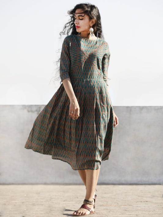 Green Rust Hand Woven Mercerized Ikat Midi Dress (Lining Attached)-  D206F1045